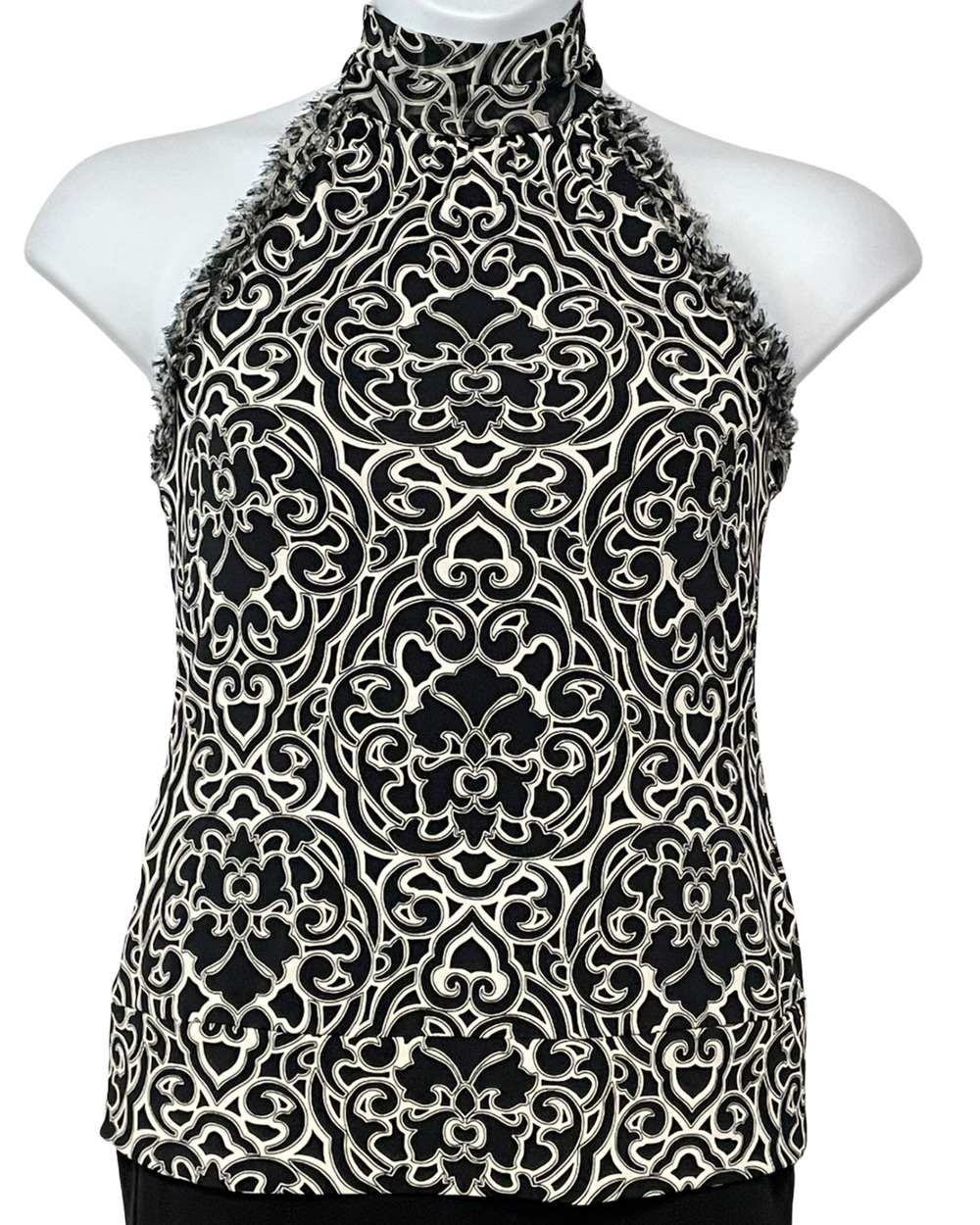 WHBM Sz L Sleeveless Blouse Halter Top Tie Neck B/W Baroque Print Jersey Knit